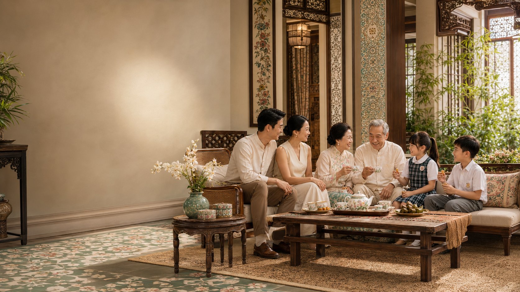 Three generations of a family enjoying tea together